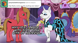 Size: 1200x661 | Tagged: safe, artist:arcanafox, rarity, oc, oc:pun, pony, unicorn, ask, ask pun, clothes, dress, tron