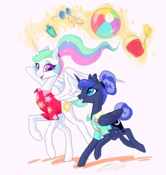 Size: 1280x1344 | Tagged: safe, artist:creeate97, princess celestia, princess luna, alicorn, pony, between dark and dawn, alternate hairstyle, beach ball, bucket, clothes, cute, cutelestia, duo, female, hair bun, hawaiian shirt, lunabetes, mare, open mouth, ponytail, royal sisters, shirt, shovel, sunglasses, sunscreen