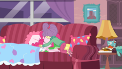 Size: 1920x1080 | Tagged: safe, screencap, lily pad (equestria girls), pinkie pie, better together, equestria girls, pinkie sitting, blanket, cute, daaaaaaaaaaaw, sleeping, young