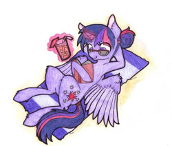 Size: 836x709 | Tagged: safe, artist:the-masked-sark, derpibooru import, twilight sparkle, twilight sparkle (alicorn), alicorn, pony, blanket, book, female, lemonade, mare, on back, solo, summer, traditional art