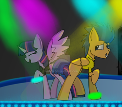 Size: 1024x896 | Tagged: safe, artist:rai2n, flash sentry, twilight sparkle, twilight sparkle (alicorn), alicorn, pony, bracelet, clothes, dancing, eyes closed, female, flashlight, glowstick, grin, jewelry, male, nightclub, open mouth, polo shirt, rave, shipping, shirt, smiling, spread wings, straight, watermark