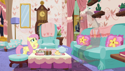 Size: 1280x720 | Tagged: safe, screencap, discord, fluttershy, pegasus, pony, discordant harmony, clock, clothes, cup, fading, food, glasses, milk toast, mirror, sandwich, scone, sweater, teacup, transparent