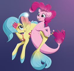 Size: 5116x4912 | Tagged: safe, artist:faline-art, pinkie pie, princess skystar, seapony (g4), my little pony: the movie, absurd resolution, belly button, blue background, duo, female, gradient background, jewelry, lesbian, necklace, seaponified, seapony pinkie pie, shipping, simple background, skypie, species swap