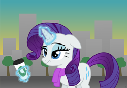 Size: 4722x3286 | Tagged: safe, artist:anime-equestria, rarity, pony, unicorn, city, cityscape, clothes, coffee, coffee cup, cup, eyeshadow, female, glowing horn, levitation, logo, magic, makeup, mare, morning ponies, narrowed eyes, raised eyebrow, scarf, skyline, solo, sunrise, telekinesis, tired, tree