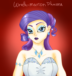 Size: 473x500 | Tagged: safe, artist:wrath-marionphauna, rarity, human, alternate hairstyle, clothes, dress, ear piercing, earring, hair bun, humanized, jewelry, lipstick, makeup, necklace, piercing