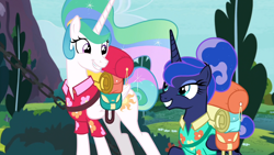 Size: 1920x1080 | Tagged: safe, screencap, princess celestia, princess luna, alicorn, pony, between dark and dawn, alternate hairstyle, beautiful, clothes, cute, cutelestia, ethereal mane, excited, eyeshadow, female, flowing mane, folded wings, grin, hair bun, happy, hawaiian shirt, looking at each other, luggage, lunabetes, makeup, mare, multicolored mane, ponytail, royal sisters, shirt, siblings, sisters, smiling, tail bun