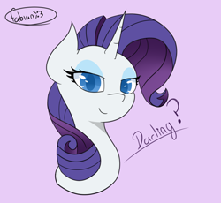 Size: 2500x2300 | Tagged: safe, artist:fabián art, rarity, pony, unicorn, bust, cute, female, looking at you, mare, purple background, raribetes, simple background, solo