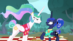 Size: 1920x1080 | Tagged: safe, screencap, princess celestia, princess luna, alicorn, pony, between dark and dawn, alternate hairstyle, angry, barehoof, basket, clothes, duo, ethereal mane, eyeshadow, female, flowing mane, folded wings, food, forest, hair bun, hawaiian shirt, looking at each other, makeup, mare, picnic, picnic basket, picnic blanket, raised hoof, royal sisters, sandwich, shirt, shocked, siblings, sisters, tail bun, wings, wow
