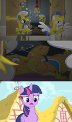 Size: 1364x2305 | Tagged: safe, artist:brutalweather studio, edit, edited screencap, screencap, flash sentry, twilight sparkle, twilight sparkle (alicorn), alicorn, pony, knock out, royal guard, royal guard armor, the cutie remark prequel, youtube link