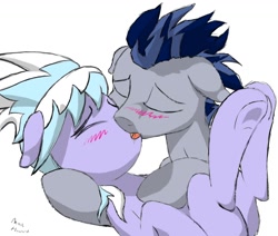 Size: 1180x1000 | Tagged: safe, artist:drizziedoodles, cloudchaser, oc, blushing, canon x oc, hooves, kissing, underhoof