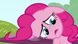 Size: 825x464 | Tagged: safe, screencap, pinkie pie, earth pony, pony, too many pinkie pies, female, frown, mare, open mouth, sad, solo