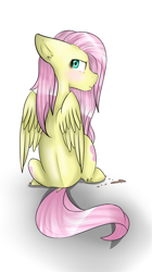 Size: 1024x1826 | Tagged: safe, artist:xxdestinyrosexx, fluttershy, pegasus, pony, cookie, floppy ears, food, gradient background, head turn, looking at you, looking back, looking back at you, pouting, profile, rear view, sitting, solo, teary eyes, wings