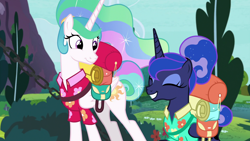 Size: 1920x1080 | Tagged: safe, screencap, princess celestia, princess luna, alicorn, pony, between dark and dawn, backpack, clothes, cute, cutelestia, duo, excited, eyes closed, eyeshadow, female, folded wings, grin, hair bun, hawaiian shirt, luggage, lunabetes, makeup, mare, ponytail, royal sisters, shirt, siblings, sisters, smiling, tail bun, vacation, wings