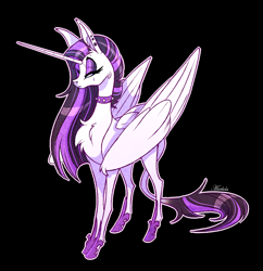 Size: 1756x1816 | Tagged: safe, artist:marbola, princess celestia, alicorn, pony, between dark and dawn, chest fluff, choker, ear piercing, female, horn, leonine tail, long horn, looking at you, mare, piercing, punklestia, simple background, solo, spiked choker