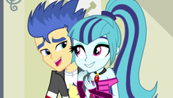 Size: 1280x720 | Tagged: safe, artist:themexicanpunisher, edit, edited screencap, screencap, flash sentry, sonata dusk, equestria girls, rainbow rocks, clothes, female, jewelry, male, necklace, open mouth, pendant, senata, shipping, straight