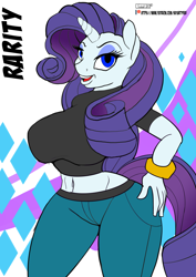 Size: 2048x2896 | Tagged: safe, artist:skyart301, rarity, anthro, plantigrade anthro, unicorn, breasts, clothes, curvy, female, jeans, looking at you, midriff, pants, raritits, shirt, short shirt, smiling, solo, t-shirt, wristband