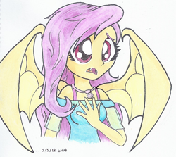 Size: 730x650 | Tagged: safe, artist:astevenamedwolf, fluttershy, equestria girls, bat wings, bust, clothes, dress, embarrassed, fangs, flutterbat, geode of fauna, hand on chest, jewelry, necklace, open mouth, portrait, race swap, red eyes, simple background, solo, spread wings, traditional art, white background, wings