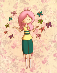 Size: 700x900 | Tagged: safe, artist:dinosauriomutante, fluttershy, butterfly, human, clothes, eyes closed, female, humanized, socks, solo