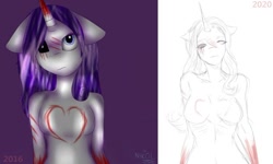 Size: 1080x647 | Tagged: safe, artist:lobkoviy_volos_11037, rarity, anthro, unicorn, lil-miss rarity, black sclera, breasts, duo, eye scar, featureless breasts, female, heterochromia, lineart, redraw, scar