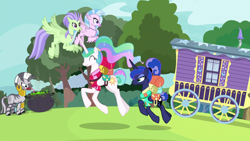 Size: 1920x1080 | Tagged: safe, screencap, laguna, princess celestia, princess luna, silverstream, zecora, alicorn, classical hippogriff, hippogriff, pony, zebra, between dark and dawn, cauldron, lotta little things, mouth hold, trixie's wagon