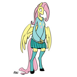 Size: 999x1000 | Tagged: safe, artist:ursa, fluttershy, anthro, pegasus, unguligrade anthro, clothes, plaid, pleated skirt, skirt, socks, solo, sweater, sweatershy, wings