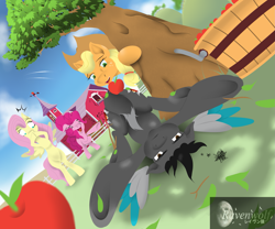 Size: 2335x1945 | Tagged: safe, artist:humble-ravenwolf, applejack, fluttershy, pinkie pie, oc, oc:ravenhoof, earth pony, pegasus, pony, accident, apple orchard, farm