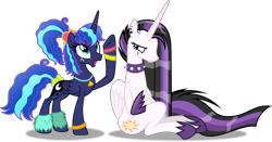 Size: 1281x672 | Tagged: safe, artist:vector-brony, princess celestia, princess luna, alicorn, pony, between dark and dawn, 80s princess luna, alternate hairstyle, barehoof, celestia is not amused, choker, cute, duo, face paint, female, folded wings, glare, hoof shoes, jewelry, looking up, mare, necklace, punklestia, raised hoof, royal sisters, siblings, simple background, sisters, transparent background, unamused, vector, wings