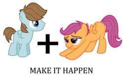 Size: 1986x1336 | Tagged: safe, scootaloo, pegasus, pony, chip mint, colt, exploitable meme, filly, foal, make it happen, meme, rain catcher, scrunchy face, shipping, simple background, vector, white background