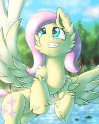 Size: 1620x2025 | Tagged: safe, artist:shad0w-galaxy, fluttershy, pegasus, pony, anatomically incorrect, fluffy, flying, sidemouth, smiling, solo, unshorn fetlocks