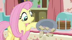 Size: 1280x720 | Tagged: safe, screencap, fluttershy, pegasus, pony, discordant harmony, dish, food, sandwich, solo