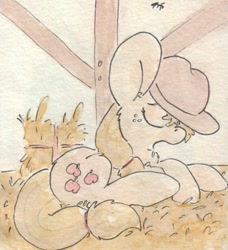 Size: 696x762 | Tagged: safe, artist:slightlyshade, applejack, earth pony, pony, eyes closed, prone, sleeping, solo, traditional art