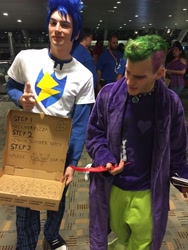 Size: 2448x3264 | Tagged: safe, artist:rj_para, flash sentry, spike, dog, human, equestria girls, bronycon, bronycon 2016, clothes, cosplay, costume, irl, irl human, photo, pizza box, spike the dog, thumbs up