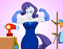 Size: 1280x996 | Tagged: safe, artist:matchstickman, rarity, anthro, unicorn, biceps, clothes, dress, evening gloves, female, flexing, gem, gloves, lidded eyes, long gloves, looking at you, mare, muscles, muscular female, pose, ripped rarity, sewing machine, simple background, smiling, solo