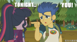 Size: 793x439 | Tagged: safe, edit, edited screencap, screencap, flash sentry, sci-twi, twilight sparkle, equestria girls, legend of everfree, aqua teen hunger force, caption, hand banana, image macro, implied flashlight, implied shipping, implied straight, meme, ponytail, tonight you