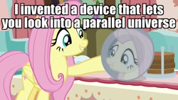 Size: 1280x720 | Tagged: safe, edit, edited screencap, screencap, fluttershy, pegasus, pony, discordant harmony, chimps ahoy, dish, image macro, meme, reflection, solo, spongebob squarepants