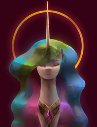 Size: 3300x4316 | Tagged: safe, artist:ottcat23, princess celestia, alicorn, pony, collar, eyes closed, halo, jewelry, majestic, missing accessory, necklace, regalia, simple background, solo, wavy mane