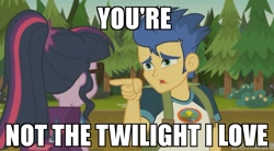 Size: 793x439 | Tagged: safe, edit, edited screencap, screencap, flash sentry, sci-twi, twilight sparkle, equestria girls, legend of everfree, image macro, implied flashlight, meme, pointing, ponytail