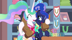 Size: 1920x1080 | Tagged: safe, screencap, princess celestia, princess luna, alicorn, pony, between dark and dawn, alternate hairstyle, barehoof, clothes, duo, eyes closed, eyeshadow, female, folded wings, hair bun, hawaiian shirt, lotta little things, makeup, mare, one eye closed, ponytail, royal sisters, shirt, siblings, sisterly love, sisters, tail bun, vacation, wings, wink, yoke