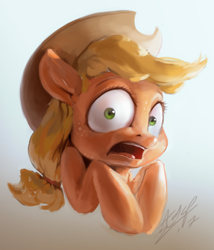 Size: 658x768 | Tagged: safe, artist:assasinmonkey, applejack, earth pony, pony, cowboy hat, freckles, gradient background, hat, looking at you, open mouth, scared, signature, simple background, solo, stetson, surprised