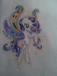 Size: 640x853 | Tagged: safe, artist:kiwwsplash, rarity, pony, unicorn, sonic rainboom (episode), butterfly wings, female, flying, mare, rearing, solo, traditional art, wings