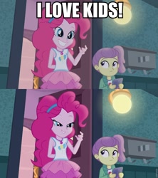 Size: 853x960 | Tagged: safe, edit, edited screencap, screencap, lily pad (equestria girls), pinkie pie, better together, equestria girls, pinkie sitting, caption, clothes, female, i am an adult, i need an adult, image macro, innuendo, ipad, jacket, magical geodes, meme, out of context, skirt, smiling, young