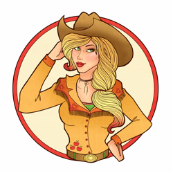 Size: 4961x4961 | Tagged: safe, artist:amy-hands, applejack, human, absurd resolution, beautiful, belt, belt buckle, bust, cowboy hat, cowgirl, cute, green eyes, hat, humanized, lipstick, solo, stetson, yellow hair