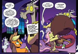 Size: 1017x704 | Tagged: safe, artist:andypriceart, idw, applejack, discord, fluttershy, rarity, earth pony, pegasus, pony, unicorn, accord (arc), chaos theory (arc), conclusion: and chaos into the order came, spoiler:comic, spoiler:comic50, hug