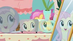 Size: 1280x720 | Tagged: safe, screencap, fluttershy, pegasus, pony, discordant harmony, dish, mirror, reflection, solo, toaster, vase