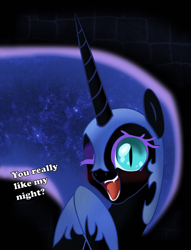 Size: 4580x6000 | Tagged: safe, artist:johnjoseco, artist:rammbrony, artist:sagegami, nightmare moon, pony, absurd resolution, bronybait, cute, dialogue, eyeshadow, fangs, female, mare, nicemare moon, one eye closed, open mouth, smiling, solo, wink