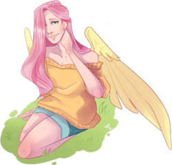 Size: 875x845 | Tagged: safe, artist:inspectorvalvert, fluttershy, human, bare shoulders, clothes, denim shorts, hair over one eye, humanized, kneeling, off shoulder, off shoulder sweater, simple background, smiling, solo, sweater, sweatershy, transparent background, winged humanization, wings