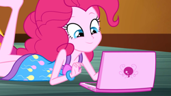 Size: 1904x1064 | Tagged: safe, edit, edited edit, edited screencap, editor:slayerbvc, screencap, pinkie pie, equestria girls, rainbow rocks, barefoot, clothes, computer, feet, laptop computer, no pants, pajamas