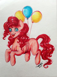 Size: 1532x2072 | Tagged: safe, artist:nifka22-02, pinkie pie, earth pony, pony, balloon, female, floating, happy, mare, missing cutie mark, solo, then watch her balloons lift her up to the sky, traditional art