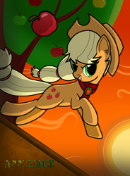 Size: 1024x1392 | Tagged: safe, artist:deftwise-zero, applejack, earth pony, pony, apple, apple tree, clothes, food, scarf, solo, sun, sunset, tree