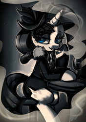 Size: 1200x1700 | Tagged: safe, artist:colorfulcolor233, rarity, pony, unicorn, clothes, commission, detective rarity, female, looking at you, mare, monochrome, neo noir, partial color, shadow spade, sitting, solo